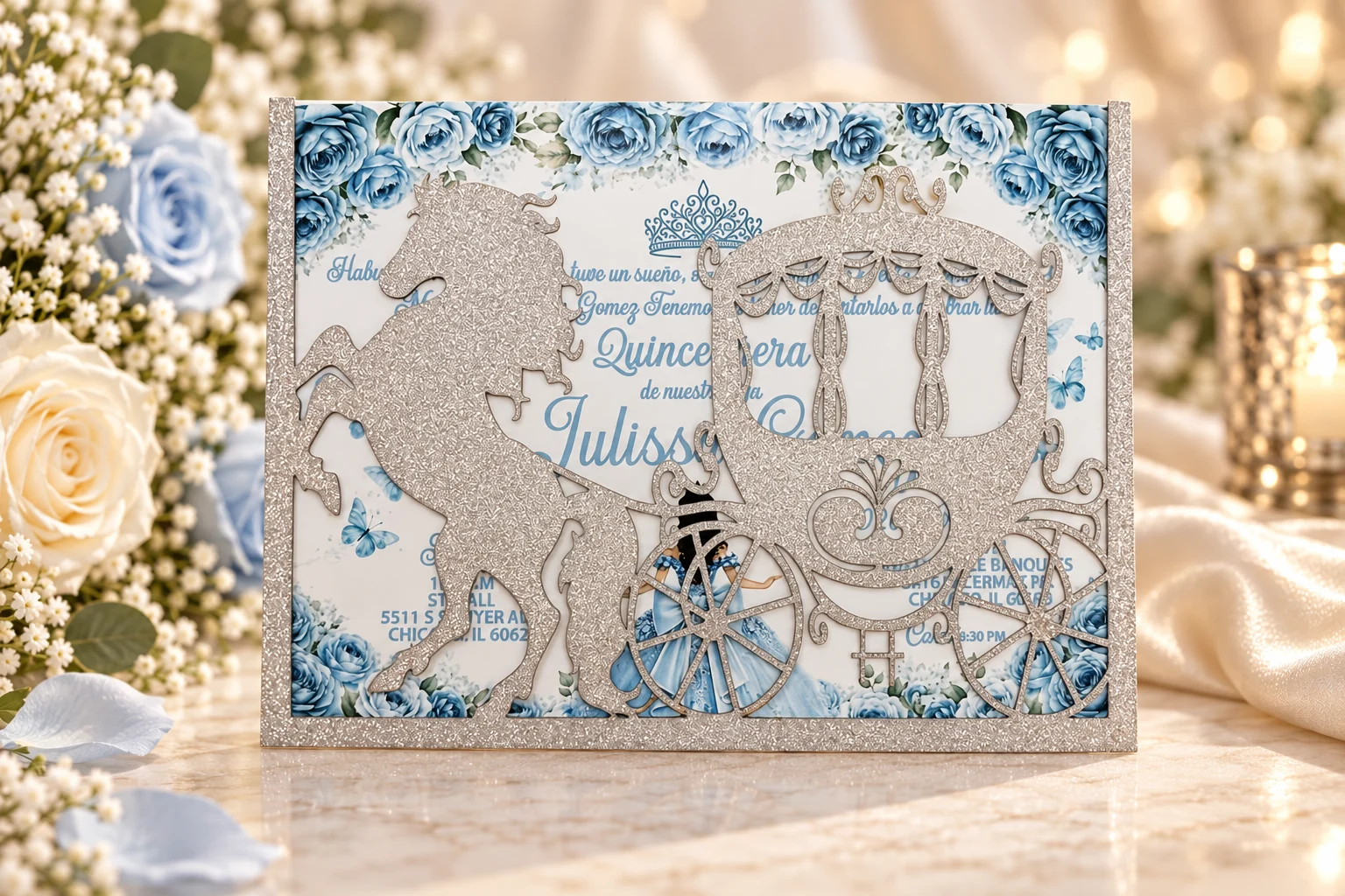 Blue and silver carriage quinceañera invitation in a styled floral setting