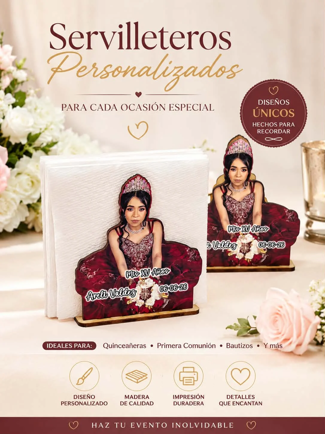 Personalized wooden napkin holders displayed with white napkins