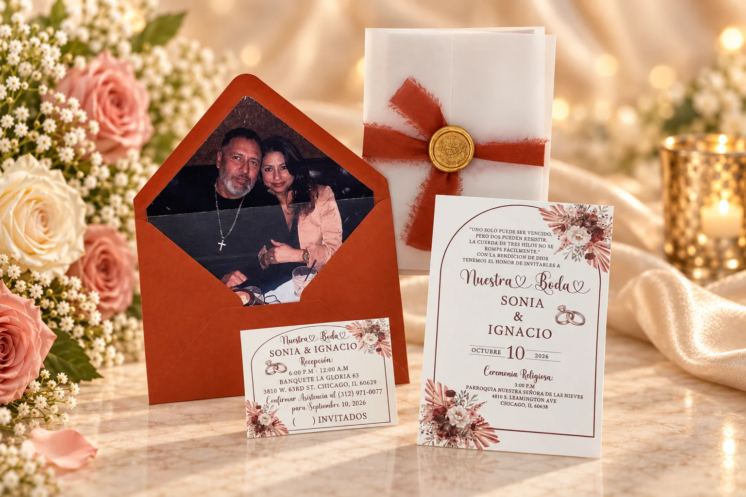 Wedding invitation suite with a personalized photo-lined envelope