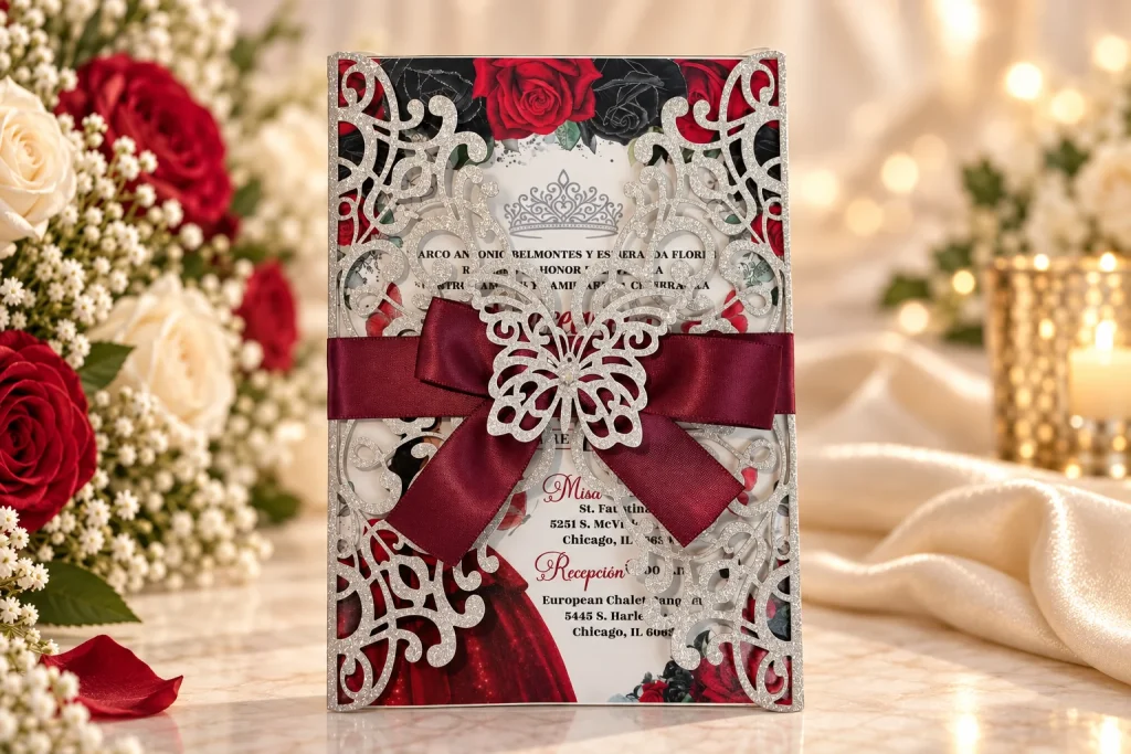 Silver scrollwork · Burgundy butterfly ribbon